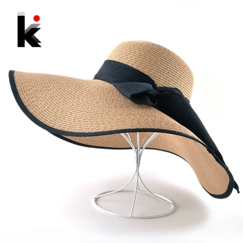 Moda Pălărie de Paie Pentru Femei Casual de Vara Margine Largă de Soare Capac Cu Arc-nod Doamnelor Vacanță de Plajă, Pălării Mari Vizorul Floppy Chapeau